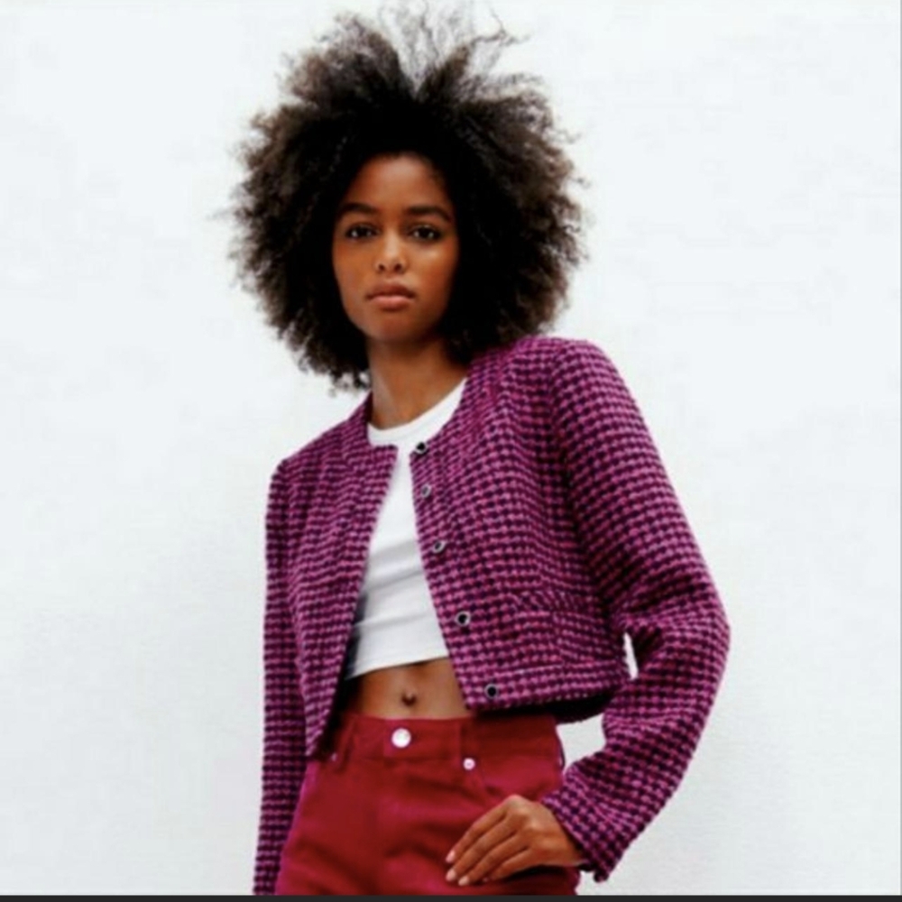 ZARA Size XS Women's Dark Pink Textured Tweed Jacket